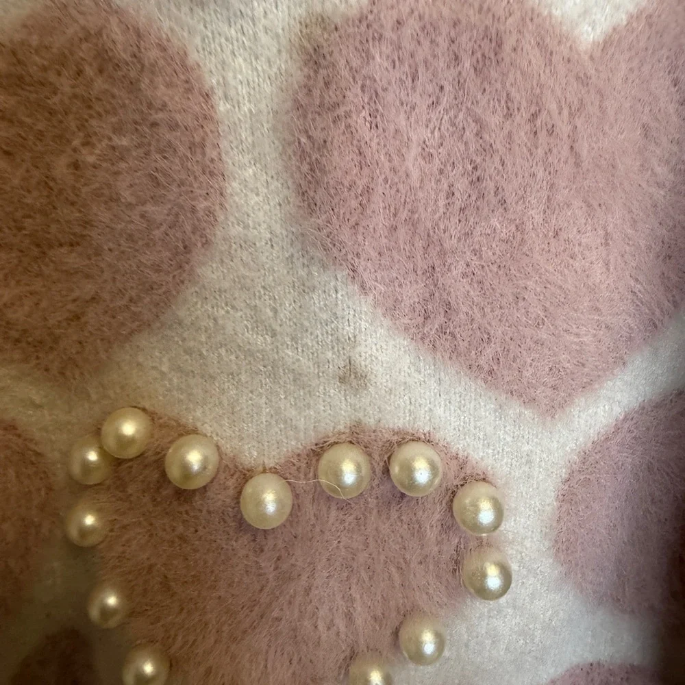 Kids Size 4/5 Pink Heart Pattern Sweater with Pearl Accents
